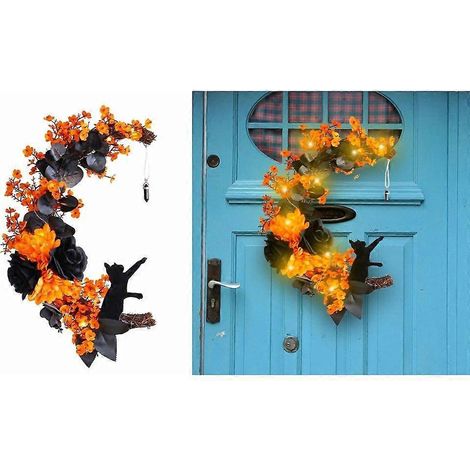 Couronne d'Halloween, guirlande suspendue avec chat et lune, décoration d'automne, cadeau de pendaison de crémaillère (1/4)