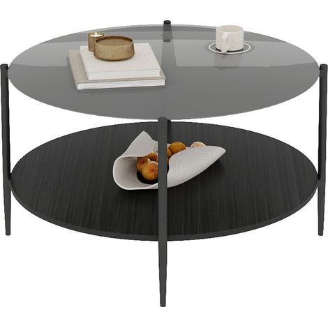 Mesa de centro redonda de vidrio negro y madera, 82 x 45 cm, HOMVRA (1/5)
