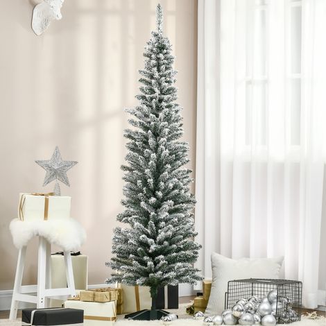 Sapin de Noël artificiel, 210 cm, branches en PVC enneigées, pliable, pied en métal, vert et blanc (1/4)