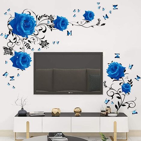 Mural de pegatinas, adhesivos de pared en forma de rosa azul - Decoración de pared floral en forma de peonía azul - Arte de pared de vinilo para dormitorio decoración de pared TV (1/5)
