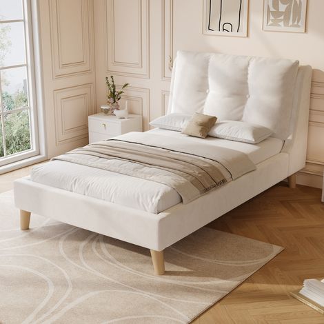 Letto singolo per bambini 90x200 cm, testiera imbottita regolabile, rete a doghe, velluto, gambe in legno di caucciù, materasso non incluso, beige