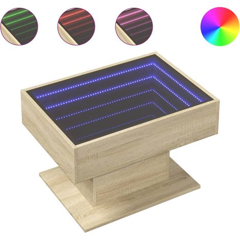 Mesa de centro de salón de diseño moderno con LED 70 x 50 x 45 cm madera de ingeniería color roble y cristal DEC037419