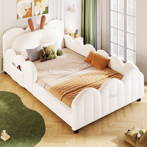 DESVIAE Lit plateforme rembourré enfant avec tête de lit à motif oreilles de lapin et barrières de sécurité 90 x 200 cm beige (1/5)