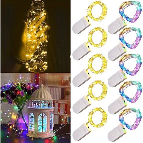Lot de 10 guirlandes lumineuses LED à piles 1m 10 LED fil d'argent multicolore et blanc chaud étanche étoile bouteille guirlande lumineuse pour Noël fête de mariage chambre décoration intérieure (1/5)
