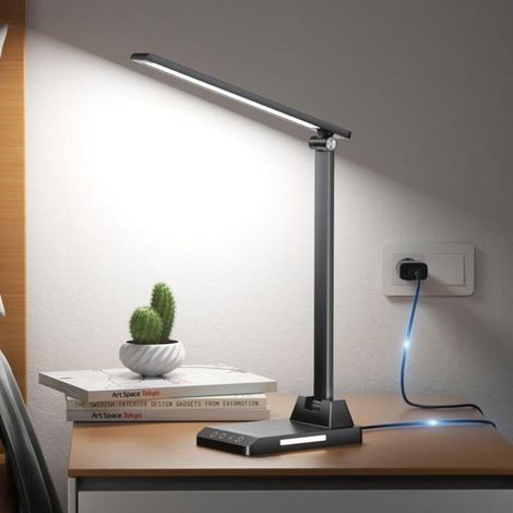 LED-Schreibtischlampe, 5 Farben, 10 Helligkeitsstufen, USB-C-Touch-Steuerung, Augenschutz, Timer, schwarze Nachttischlampe. (1/4)