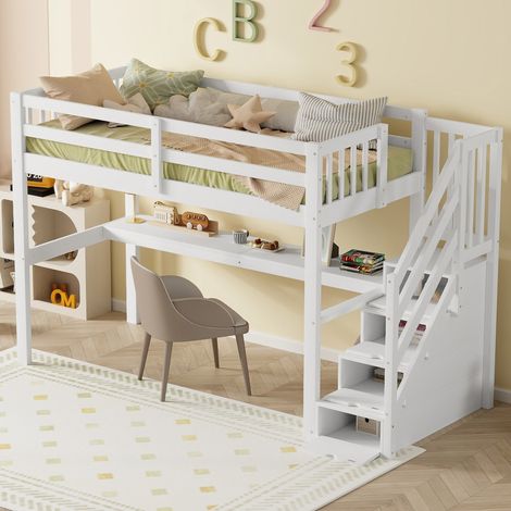 Lit mezzanine enfant 90/200 cm blanc en bois de pin avec bureau et rangements (1/5)