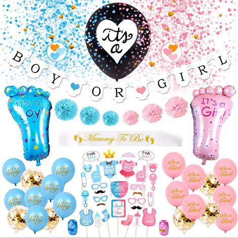 Kit de 69 pièces pour révélation de sexe bébé, ballons noirs, confettis rose et bleu, bannière garçon ou fille, décorations de fête et accessoires photo.