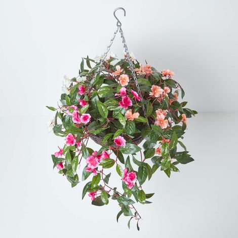 HOMESCAPES White, Orange and Pink Impatiens Hanging Basket, 85 cm