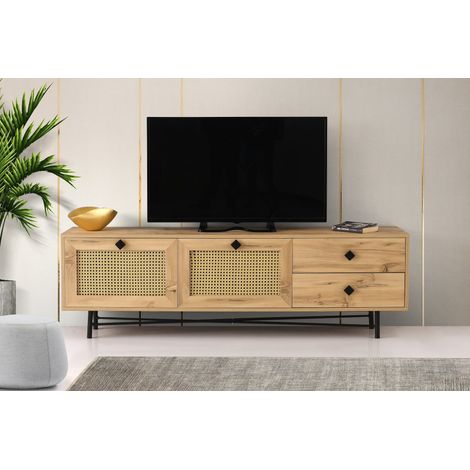 TV-Möbel Japandi Hapsiyas Eiche Schwarz Melamin 180x60x40 cm