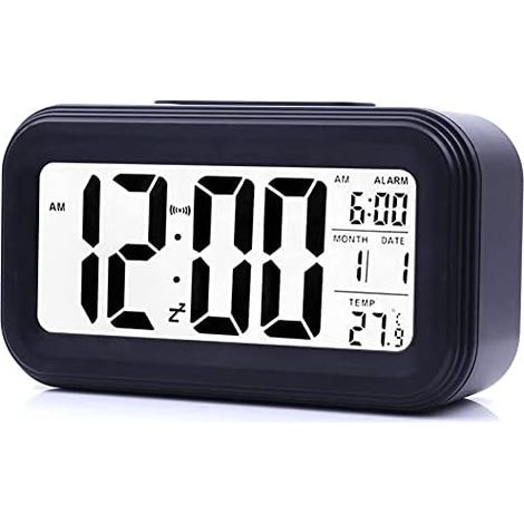 Digital Alarm Clock, Morning Alarm Clock, Silent Battery Operated Digital Alarm Clock for Kids and Adults, Large LED Display, Temperature Calendar (Black)