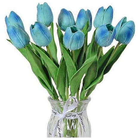 Lot de 10 fleurs artificielles avec tige, réalistes, pour mariage, maison ou bureau, centre de table, tulipes, fausses branches, composition florale.bleu clair (1/5)