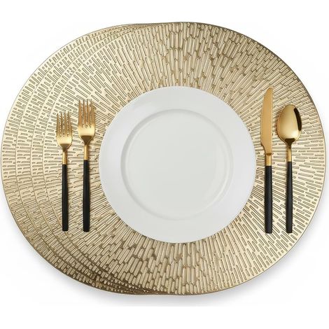 Set de table rond PVC lavable, antidérapant, lot de 4, résistant à la chaleur, 38 cm, or. (1/5)