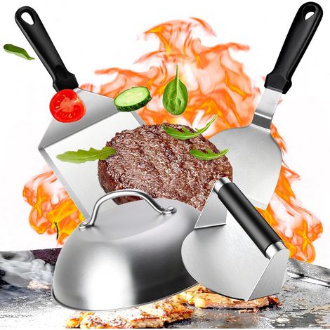 4 pièces Kit Smash Burger, Barbecue Ustensiles avec Presse 2 Spatule Set Plancha, Cloches de Cuisson, Homme Cadeau pour Teppanyaki Grill BBQ - Burger (4 pièces) (1/5)