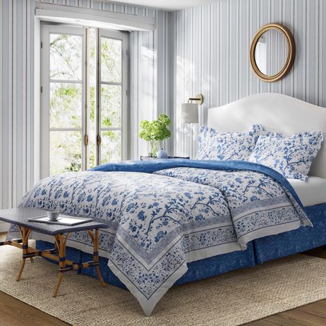 Couette Ultra Douce, Toutes Saisons, Design élégant et délicat pour décoration d'intérieur, Coton, Bleu Chinois, Grand lit (1/5)