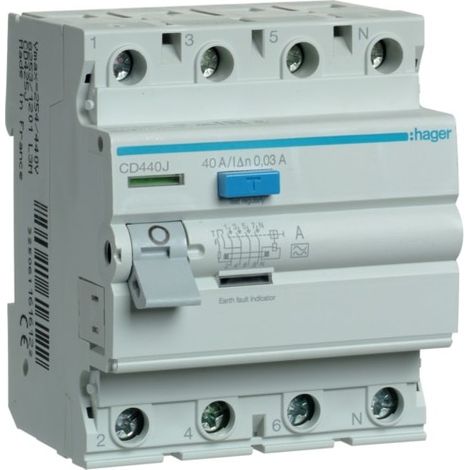 Hager – Interrupteur différentiel 4P 40A 30mA – Type A – Auxiliarisable – Entrée haute/sortie basse – CDA440J