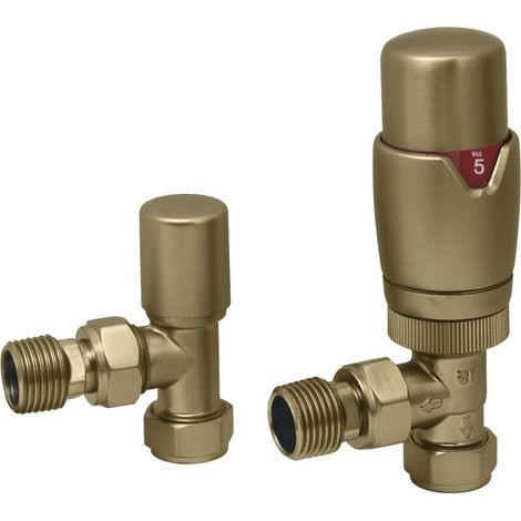 Signature Round Thermostatic Angled Radiator Valves Pair - Brushed Brass