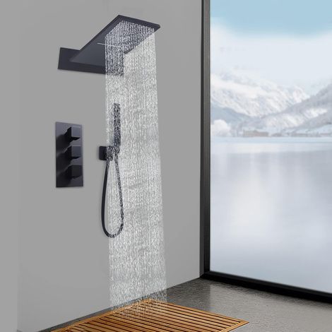 Gojoy – Colonne de douche encastrée noire – Système thermostatique avec douche à effet pluie – Spray extra large 8,6 x 21,6 pouces – Installation murale