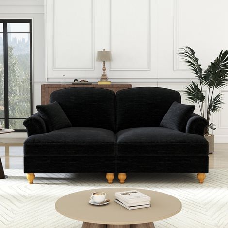 Canapé 2 places élégant en chenille noire style mid-century accoudoirs évasés jupe amovible pieds bois grand confort salon cosy (1/5)