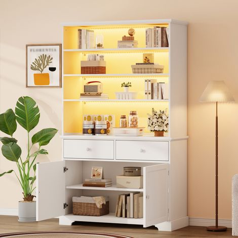 Vetrina bianca 100 x 38 x 170 cm con 2 porte, 2 cassetti, LED e vani portaoggetti (1/5)
