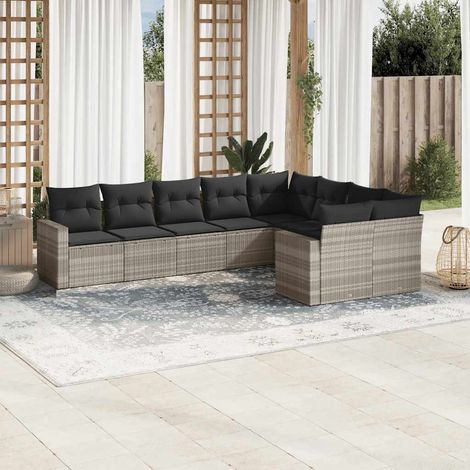 Set muebles jardín 9 pzas y cojines ratán sintético gris claro vidaXL (1/5)