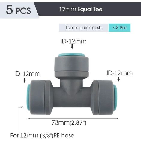 (Cx5PCS-Tee) Raccord de tuyau d'irrigation PE OD-12mm, joints de tuyau d'arrosage, raccords pour système d'irrigation goutte à goutte de jardin, té droit, coude, adaptateur de réparation de tuyau (1/5)