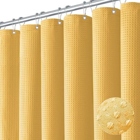 Langer Duschvorhang aus Stoff – neutraler, robuster Duschvorhang mit Waffelmuster für Badezimmer – strapazierfähig, mit 12 Haken, 180 x 200 cm, Gold