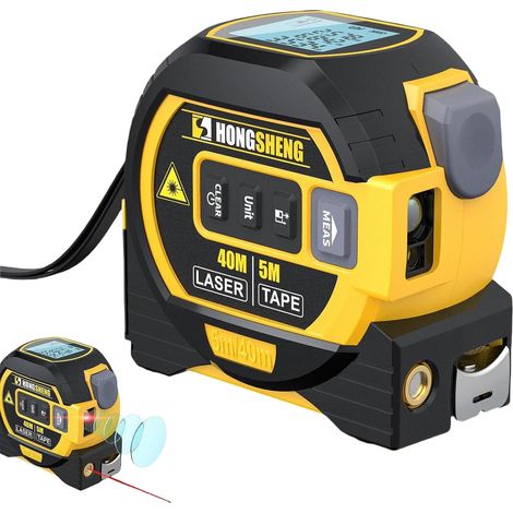 Règle laser 3 en 1, mesure de distance laser 40 m, ruban à mesurer 5 m (avec affichage LED), ruban à mesurer numérique (jaune) (1/5)