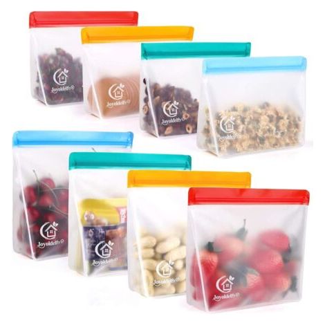 Lot de 8 sacs de congélation réutilisables Joyoldelf, en matériau PEVA, sachets à fond plat, adaptés aux fruits et légumes. (1/4)