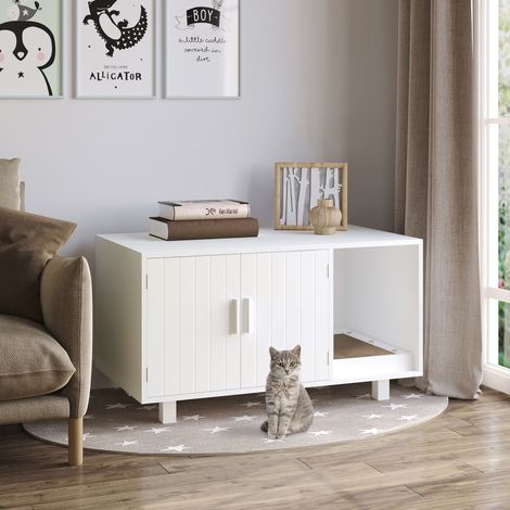 Maison de toilette pour chat, meuble 2 portes, compartiment griffoir, table d'appoint, 50,5H x 91L x 52l cm, MDF, blanc