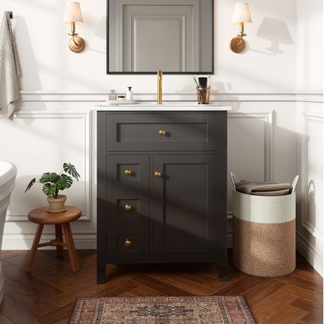 Mueble bajo lavabo 61 cm negro brillante con 1 puerta, 3 cajones y lavabo de cerámica (1/5)