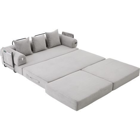 Canapé modulaire en velours côtelé gris clair avec pouf, structure en métal robuste, poche latérale et 3 coussins confortables (1/5)