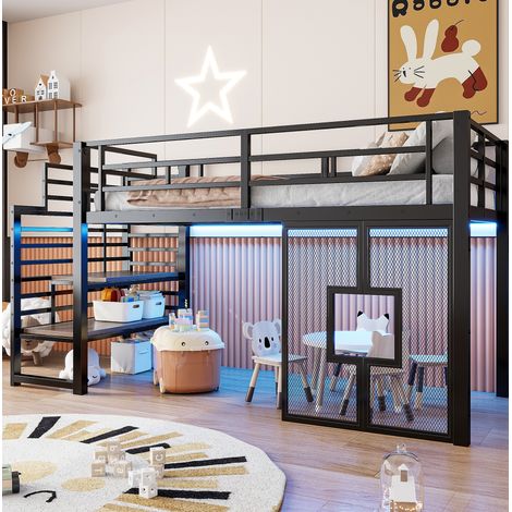 Cama alta moderna 90x200 cm de metal negro con LED, escalera con almacenaje y ventanas (1/5)