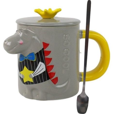 Tazza grigia con coperchio a tema dinosauri, 400 ml