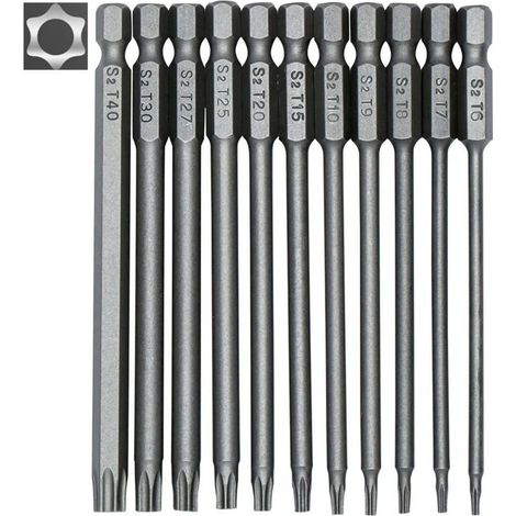 Coffret d\\\\\\\'embouts Torx longs Ulisem 11 pièces pour tournevis et visseuses électriques - Embouts magnétiques - Entraînement hexagonal 1/4\\" - Tailles T6 à T40 - Longueur 100 mm (1/4)