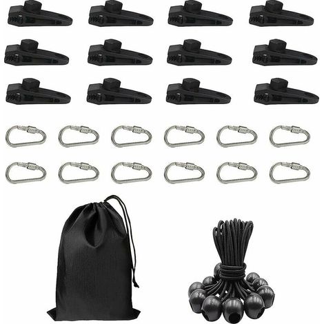 Lot de 12 clips pour bâche, tente, bâche, 12 tendeurs en caoutchouc, corde élastique et 12 mousquetons en forme de D pour bâches, marquises, camping en plein air, caravanes, auvents (1/5)
