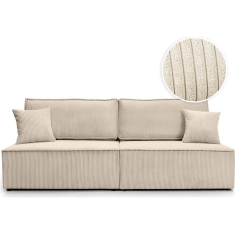 Loungitude – Canapé convertible 3 places sans accoudoirs – Coffre de rangement – Velours côtelé beige – Compact pour petits espaces (1/5)