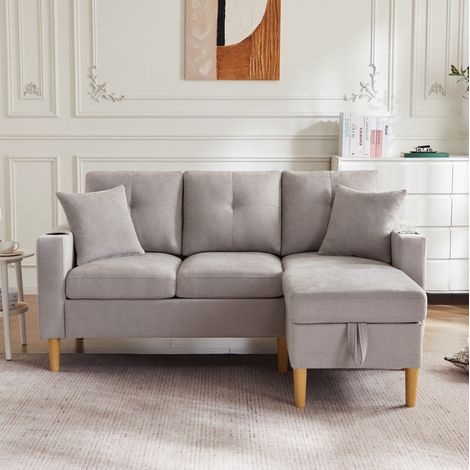 Divano angolare 3 posti con chaise longue, contenitore e portabicchiere, grigio chiaro HAVRYA (1/5)