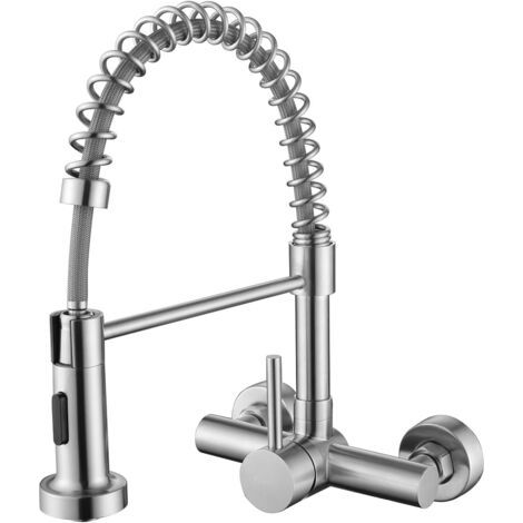 Robinet de Cuisine Mural avec Bec Flexible, Mitigeur Evier avec 2 Types de Jet, Robinetterie eau Chaude et Froide Rotatif à 360°, Acier Inoxydable SUS304, Mousseur Démontable, Brossé (1/5)