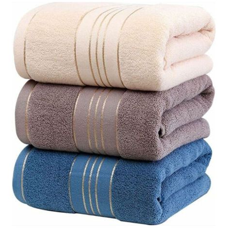 3 Serviette de Bain Drap de Bain en Coton, Grande Taille Douce Luxe et Très Absorbant, pour Sauna Douche Natation Salle de Bains Hôtel Voyage (70x140CM, Bleu+Gris+Beige)