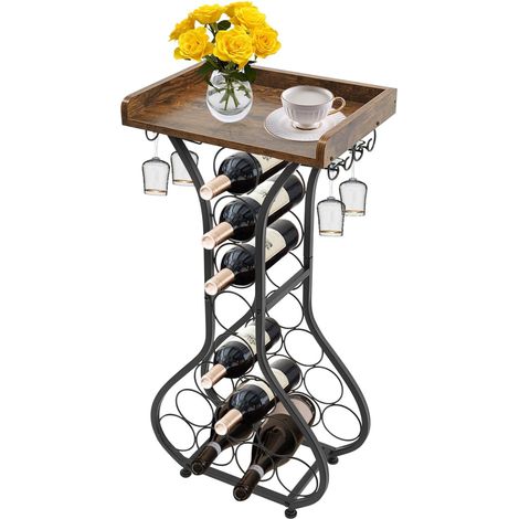 Étagère à bouteilles en fer en forme de vase - Étagère à vin debout pour 14 bouteilles de comptoir avec plateau de table - 42 x 30 x 90 cm - Pour cuisine, bar, salle à manger, noir (1/5)