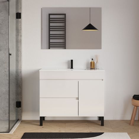 Meuble de salle de bain 90cm simple vasque sur pieds avec porte et tiroirs - blanc brillant - LAZARO (1/5)