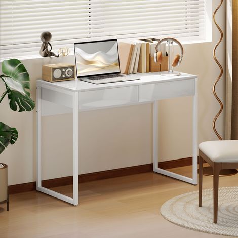 Bureau 2 tiroirs table ordinateur 100x50 moderne pied acier petits espaces blanc brillant (1/5)