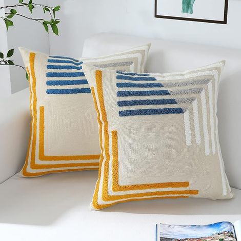 Lot de 2 Housses de Coussin Bohème 45x45 cm, Motif Géométrique Brodé Bleu & Jaune, Décoration Moderne pour Canapé, Lit, Salon, Extérieur (1/5)