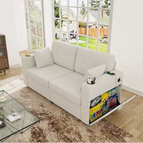 Divano a due posti 172x75x82 cm beige in ciniglia con porta bicchieri, tasche laterali, USB e contenitore (1/5)