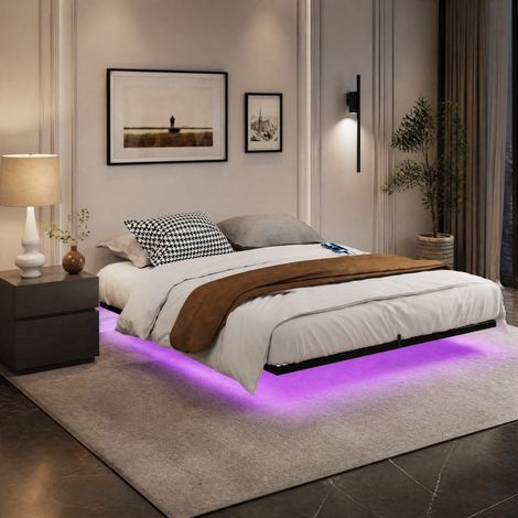 Bettgestell 160x200 cm schwarz aus Stahl mit LED-Beleuchtung, Ladestation und Stauraum (1/5)