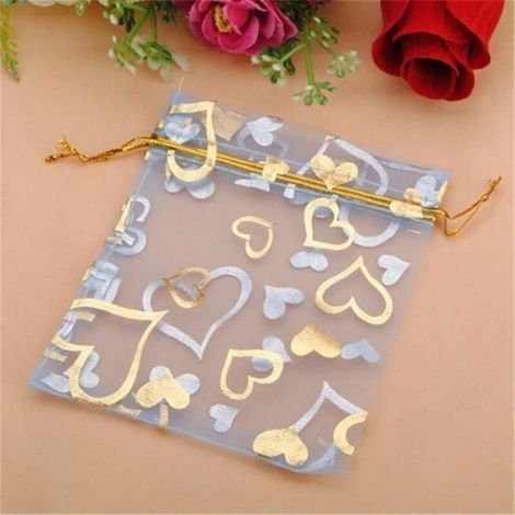 100sachets, pochettes, sacs en organza pour Marriage, Bijoux, Cadeaux, bleu avec cœur doré , 120100mm