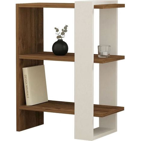 Libreria Netro, Biblioteca 3 Ripiani, Installazione Libera, Sfumatura Colore Struttura Noce, 52x25x70h cm Bianco