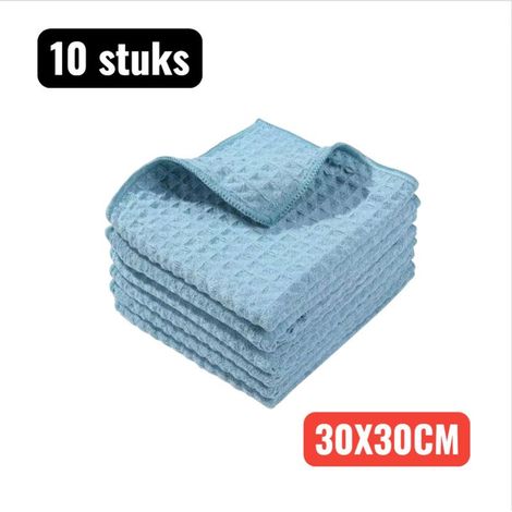 Set of 10 quick-drying, waffle-weave microfiber cleaning cloths, 30 x 30 cm, for kitchen, home and car, blue (1/4)