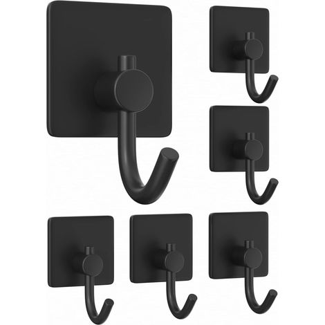 Gancho para toallas de baño, acero inoxidable, gancho adhesivo para abrigos, 6 piezas, negro (1/4)