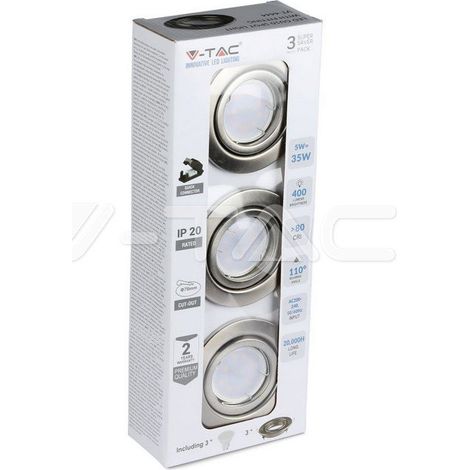 V-TAC VT-4444 8884 Confezione da 3 portafaretti LED orientabili Rotondi GU10 Colore Nichel Satinato con Faretti 5W Inclusi Bianco freddo - 6400K (1/5)
